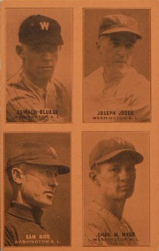 1931-32 Exhibits Four-in-One W463-2 #NNO Oswald Bluege / Joseph Judge / Sam Rice / Charles M. Myer Front