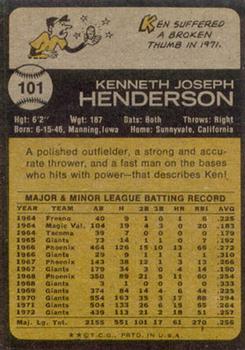 1973 Topps #101 Ken Henderson Back