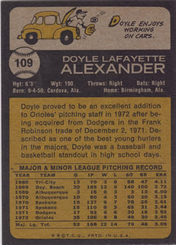 1973 Topps #109 Doyle Alexander Back