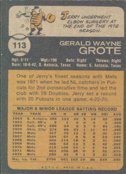 1973 Topps #113 Jerry Grote Back