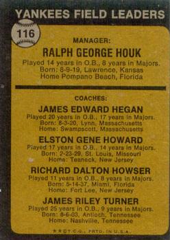 1973 Topps #116 Yankees Field Leaders (Ralph Houk / Jim Hegan / Elston Howard / Dick Howser / Jim Turner) Back