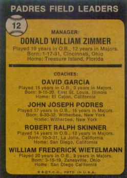 1973 Topps #12 Padres Field Leaders (Don Zimmer / Dave Garcia / Johnny Podres / Bob Skinner / Whitey Wietelmann) Back