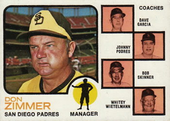 1973 Topps #12 Padres Field Leaders (Don Zimmer / Dave Garcia / Johnny Podres / Bob Skinner / Whitey Wietelmann) Front