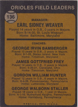 1973 Topps #136 Orioles Field Leaders (Earl Weaver / George Bamberger / Jim Frey / Billy Hunter / George Staller) Back
