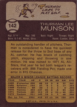 1973 Topps #142 Thurman Munson Back