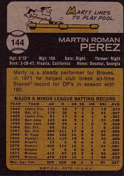 1973 Topps #144 Marty Perez Back