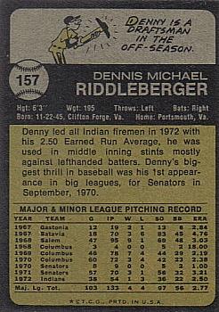 1973 Topps #157 Denny Riddleberger Back