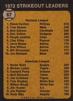 1973 Topps #67 1972 Strikeout Leaders (Steve Carlton / Nolan Ryan) Back