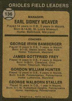 1973 Topps #136 Orioles Field Leaders (Earl Weaver / George Bamberger / Jim Frey / Billy Hunter / George Staller) Back
