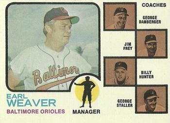 1973 Topps #136 Orioles Field Leaders (Earl Weaver / George Bamberger / Jim Frey / Billy Hunter / George Staller) Front