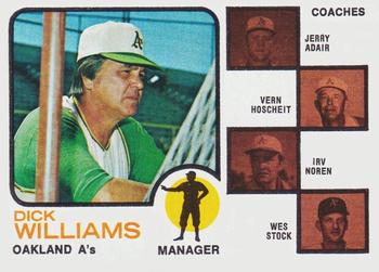 1973 Topps #179 A's Field Leaders (Dick Williams / Jerry Adair / Vern Hoscheit / Irv Noren / Wes Stock) Front