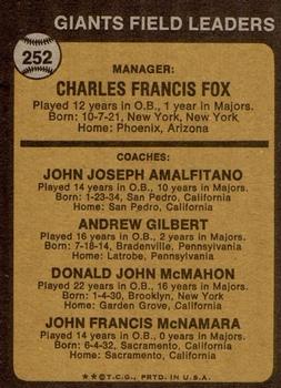 1973 Topps #252 Giants Field Leaders (Charlie Fox / Joe Amalfitano / Andy Gilbert / Don McMahon / John McNamara) Back