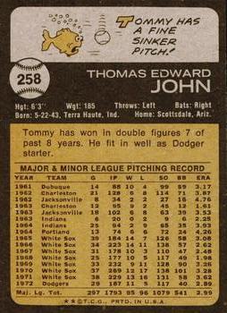 1973 Topps #258 Tommy John Back