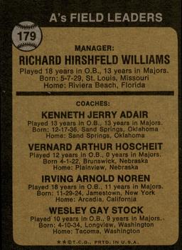 1973 Topps #179 A's Field Leaders (Dick Williams / Jerry Adair / Vern Hoscheit / Irv Noren / Wes Stock) Back