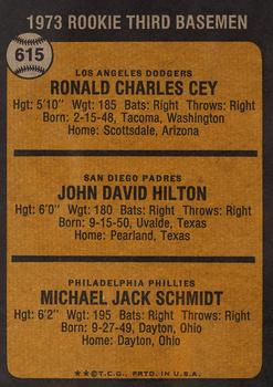 1973 Topps #615 1973 Rookie Third Basemen (Ron Cey / John Hilton / Mike Schmidt) Back