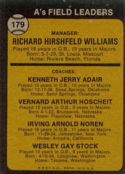1973 Topps #179 A's Field Leaders (Dick Williams / Jerry Adair / Vern Hoscheit / Irv Noren / Wes Stock) Back