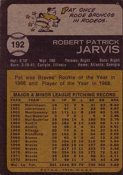1973 Topps #192 Pat Jarvis Back