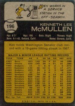 1973 Topps #196 Ken McMullen Back