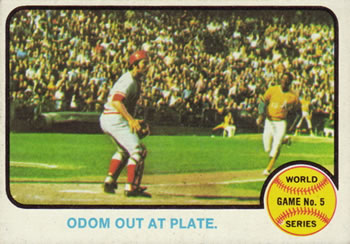 1973 Topps #207 World Series Game No. 5: Odom Out at Plate Front