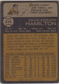 1973 Topps #214 Dave Hamilton Back