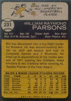 1973 Topps #231 Bill Parsons Back