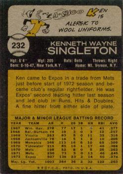 1973 Topps #232 Ken Singleton Back