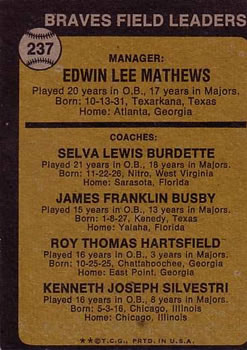 1973 Topps #237 Braves Field Leaders (Eddie Mathews / Lew Burdette / Jim Busby / Roy Hartsfield / Ken Silvestri) Back
