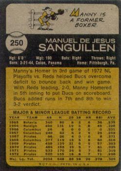 1973 Topps #250 Manny Sanguillen Back