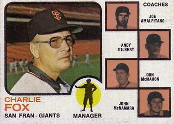 1973 Topps #252 Giants Field Leaders (Charlie Fox / Joe Amalfitano / Andy Gilbert / Don McMahon / John McNamara) Front