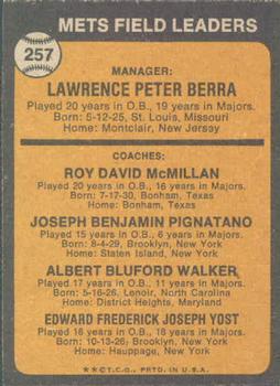 1973 Topps #257 Mets Field Leaders (Yogi Berra / Roy McMillan / Joe Pignatano / Rube Walker / Eddie Yost) Back