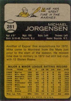 1973 Topps #281 Mike Jorgensen Back