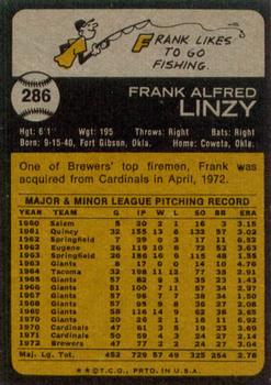 1973 Topps #286 Frank Linzy Back