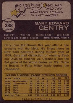 1973 Topps #288 Gary Gentry Back