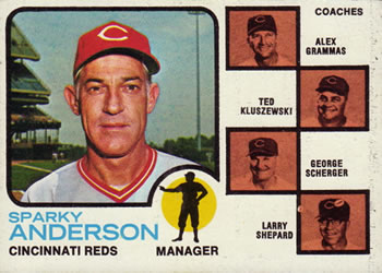 1973 Topps #296 Reds Field Leaders (Sparky Anderson / Alex Grammas / Ted Kluszewski / George Scherger / Larry Shepard) Front