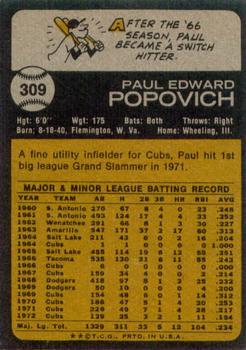 1973 Topps #309 Paul Popovich Back