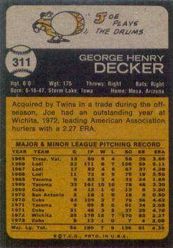 1973 Topps #311 Joe Decker Back
