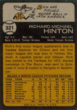 1973 Topps #321 Rich Hinton Back