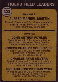 1973 Topps #323 Tigers Field Leaders (Billy Martin / Art Fowler / Joe Schultz / Charlie Silvera / Dick Tracewski) Back