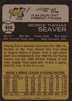1973 Topps #350 Tom Seaver Back