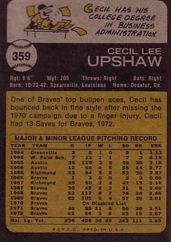 1973 Topps #359 Cecil Upshaw Back