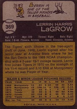 1973 Topps #369 Lerrin LaGrow Back