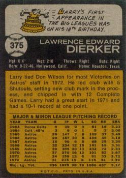 1973 Topps #375 Larry Dierker Back