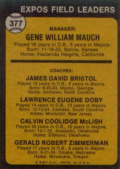 1973 Topps #377 Expos Field Leaders (Gene Mauch / Dave Bristol / Larry Doby / Cal McLish / Jerry Zimmerman) Back