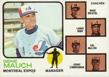 1973 Topps #377 Expos Field Leaders (Gene Mauch / Dave Bristol / Larry Doby / Cal McLish / Jerry Zimmerman) Front