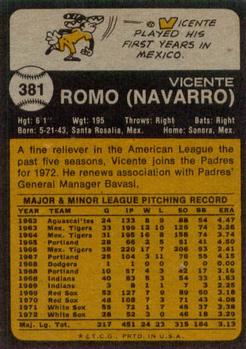 1973 Topps #381 Vicente Romo Back