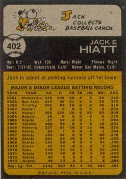 1973 Topps #402 Jack Hiatt Back