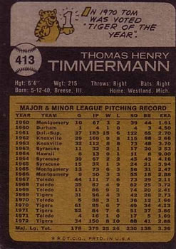 1973 Topps #413 Tom Timmermann Back