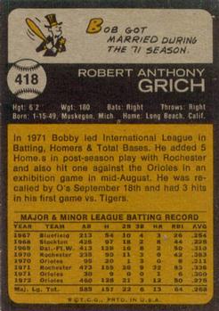 1973 Topps #418 Bobby Grich Back
