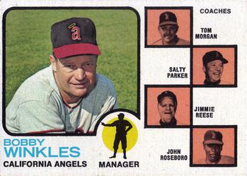 1973 Topps #421 Angels Field Leaders (Bobby Winkles / Tom Morgan / Salty Parker / Jimmie Reese / John Roseboro) Front