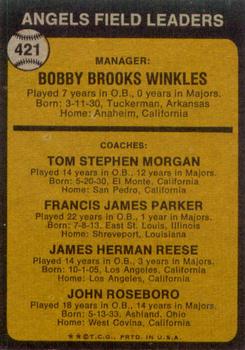 1973 Topps #421 Angels Field Leaders (Bobby Winkles / Tom Morgan / Salty Parker / Jimmie Reese / John Roseboro) Back
